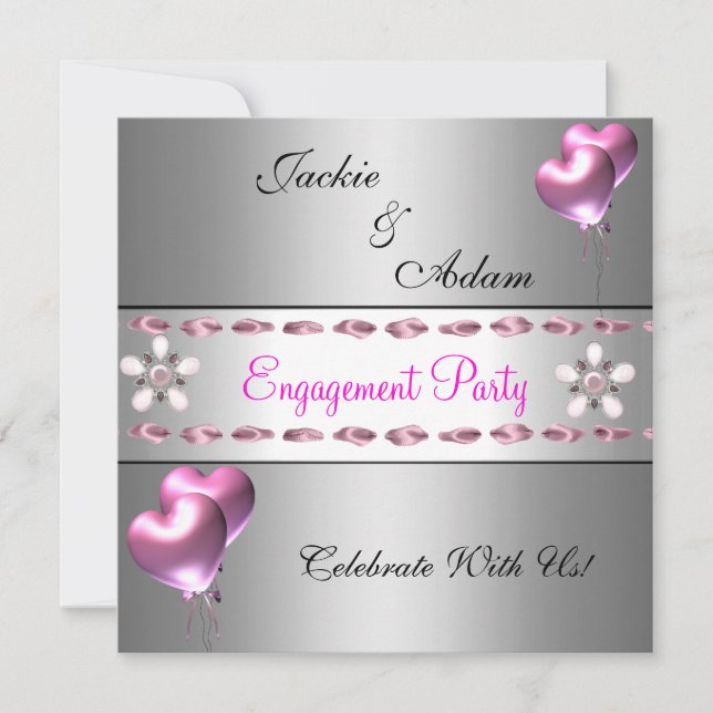 Engagement Partei Silver Pink Floral Ballons Einladung (Vorderseite)