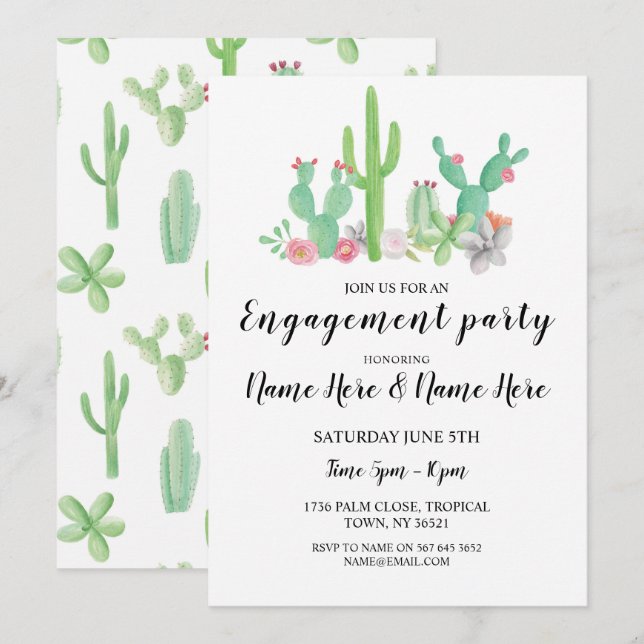 Engagement Party Cactus Cacti Wasserfarbe Einladun Einladung (Vorne/Hinten)