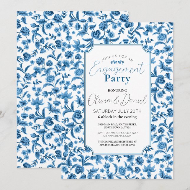 Engagement Party Chintz Blue & White Floral Ditsy Einladung (Vorne/Hinten)