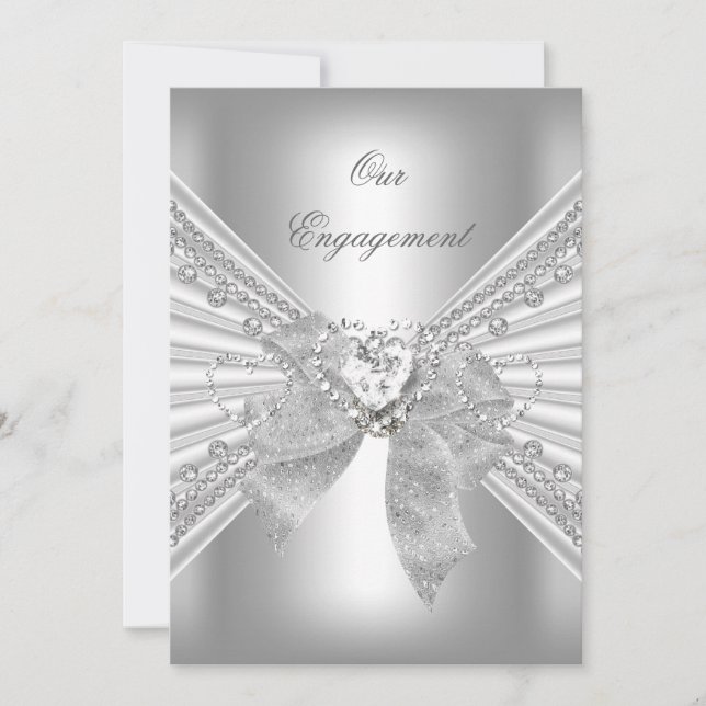Engagement Party Diamond Herz White Silver Bow 2 Einladung (Vorderseite)