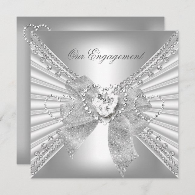 Engagement Party Diamond Herz White Silver Bow Einladung (Vorne/Hinten)