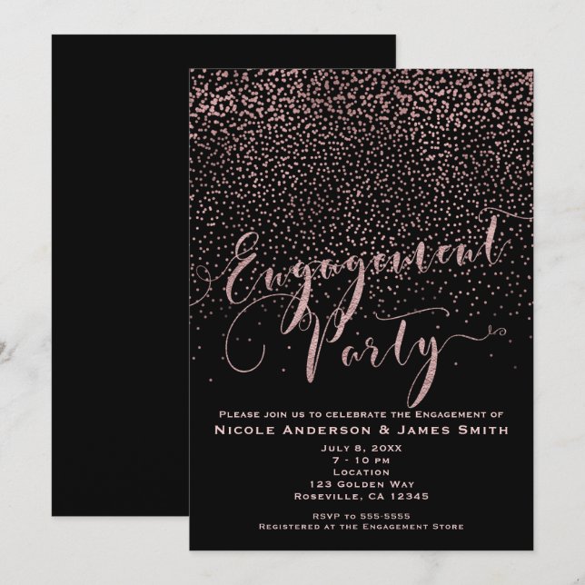 ENGAGEMENT PARTY Dusche Schwarze Rose Gold Confett Einladung (Vorne/Hinten)