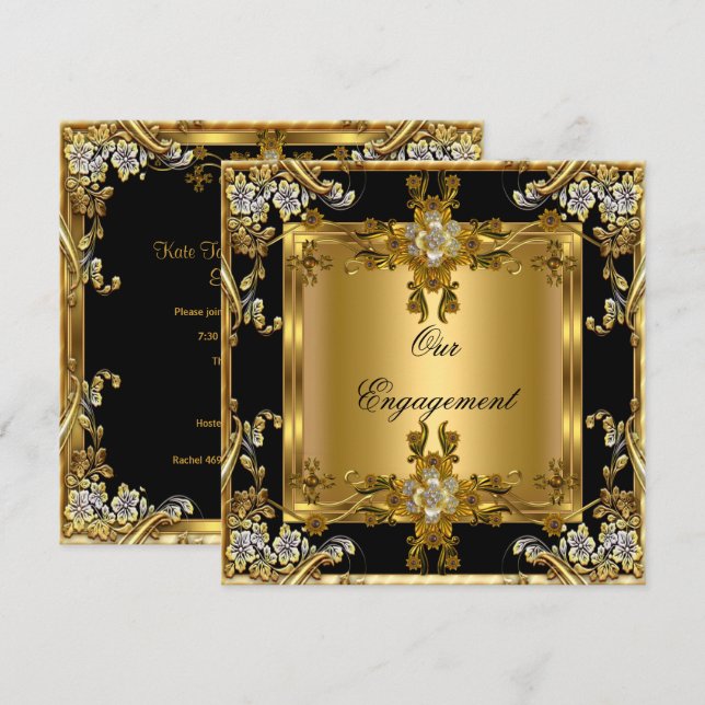 Engagement Party Elegante Gold Floral Jewel Black Einladung (Vorne/Hinten)