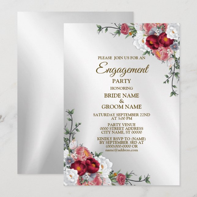 Engagement Party farbenfroh Rot Weiße Blütensilber Einladung (Vorne/Hinten)