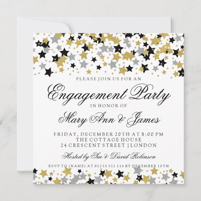 Engagement Party Gold Glitzer Stars Confetti Einladung (Vorderseite)