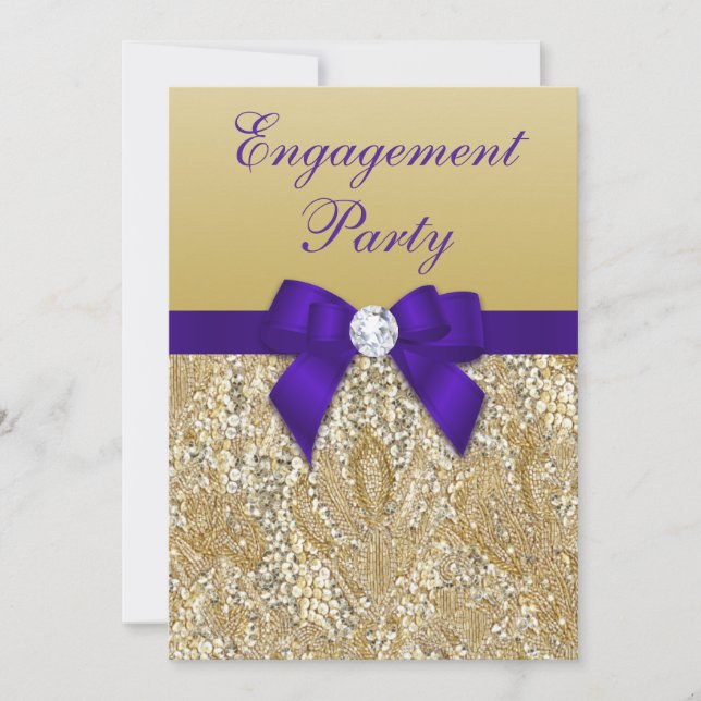 Engagement Party Gold Sequenzen Royal Lila Bow Einladung (Vorderseite)