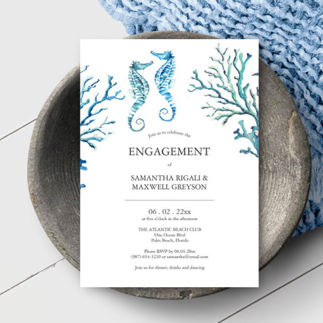 Engagement Party Invitations Watercolor Seahorses (Beach engagement invitations feature unique watercolor seahorse and coral art Victoria Grigaliunas)