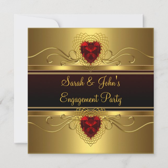Engagement Party Schwarzes Gold Rotes Herz Einladung (Vorderseite)