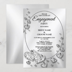 Engagement Party Silver Gray Shiny Hearts Elegant Einladung