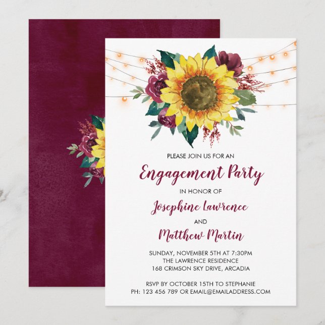 Engagement Party Sunflower Burgundy Bloral Einladung (Vorne/Hinten)