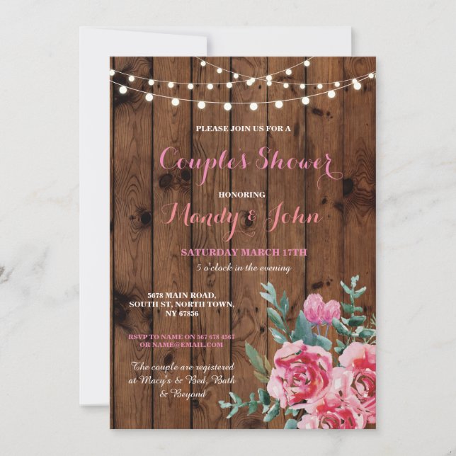 Engagement Party Wood Blume Floral Pink Einladung (Vorderseite)