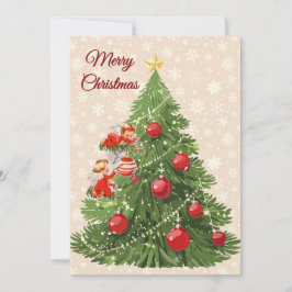 Engel dekorieren den Baum | Creme Feiertagskarte