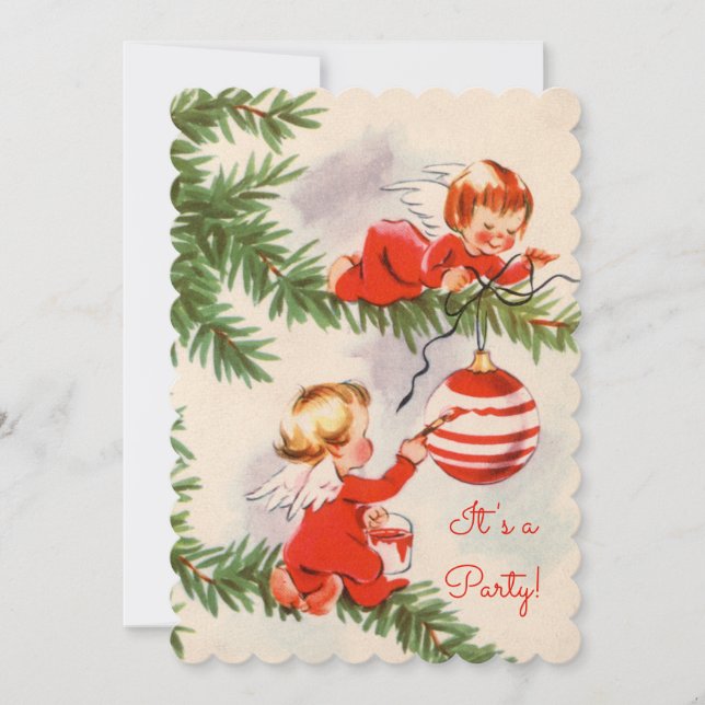 Engel dekorieren den Christbaum Einladung (Vorderseite)