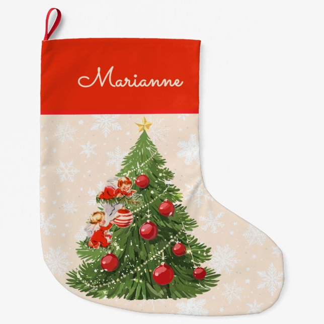 Engel dekorieren den Christbaum Großer Weihnachtsstrumpf (Vorderseite)