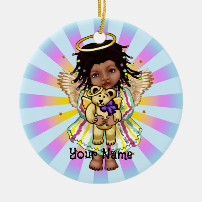 Engel hält Bär Keramik Ornament (Vorne)