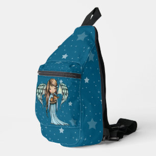 Engel hält kleines Rehkitz vor sternklarem Hinterg Crossbody Bag