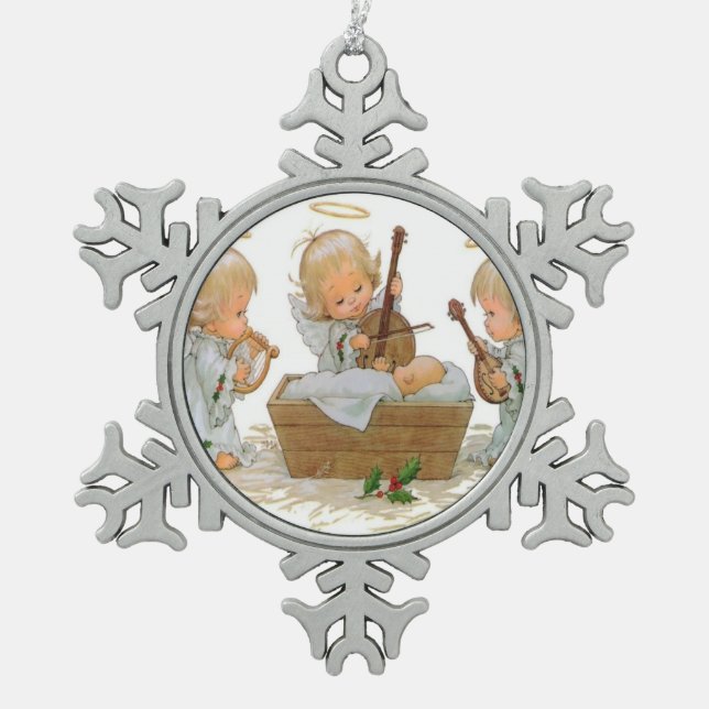 Engel im Weihnachtsmagier Pewter Snowflake oder Schneeflocken Zinn-Ornament (Vorderseite)