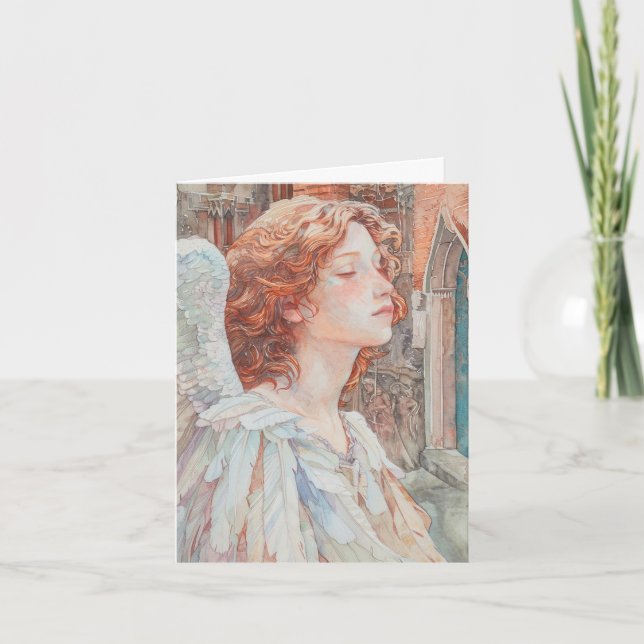 Engel in den Aquarellen Beige, Blau und Orange. Karte (Vorderseite)