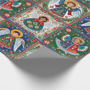 Engel inspiriert von Weihnachtsvolkskunst auf eine Geschenkpapier