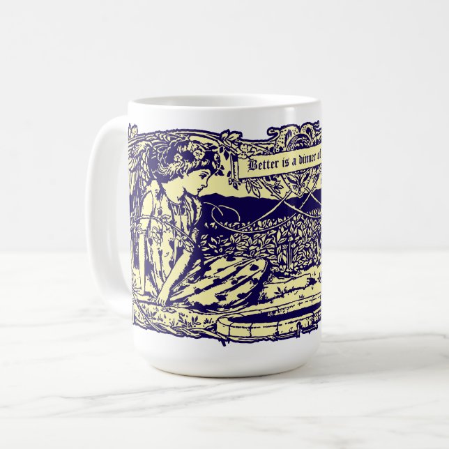 Engel & Kaninchen im Blumengarten mit Motto Banner Kaffeetasse (Vorderseite Links)