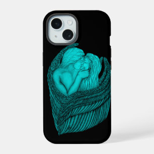 Engel küssen sich, schwarzes und grünes Design iPhone 15 Hülle