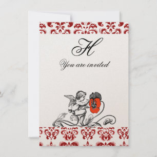 ENGEL MALEND EINE ROTE BLUME DAMAST MONOGRAMM gold Einladung