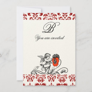 ENGEL MALT EINE ROTE BLUME DAMAST MONOGRAMM Filz Einladung