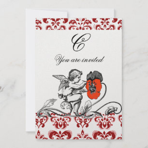 ENGEL MALT EINE ROTE BLUME DAMAST MONOGRAMM Perle Einladung