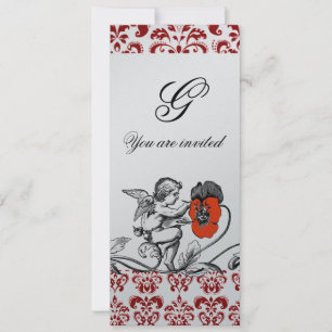 ENGEL MALT EINE ROTE BLUME DAMAST MONOGRAMM silber Einladung