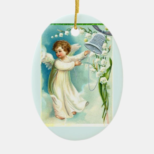 Engel mit Blauer Glocke Keramik Ornament (Vorne)