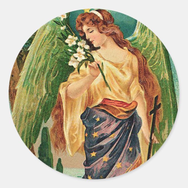 Engel mit Blumenzweig Runder Aufkleber (Vorderseite)