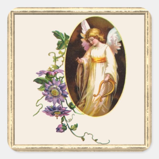 Engel mit Harfe und Clematika-Blume Quadratischer Aufkleber (Vorderseite)