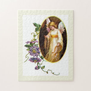 Engel mit Harfe und Klematisblüten