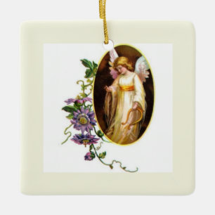 Engel mit Harfe und Klematisblüten Keramikornament