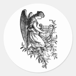 Engel mit Harfen und Flora Klassischer Rundsticker Runder Aufkleber