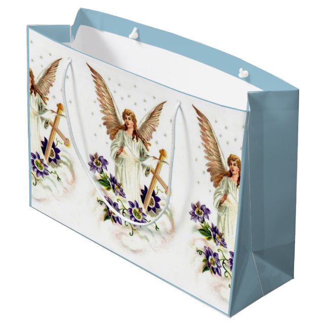Engel mit Kreuz- und Clematika-Blume Große Geschenktüte (Rückseite Schrägansicht)