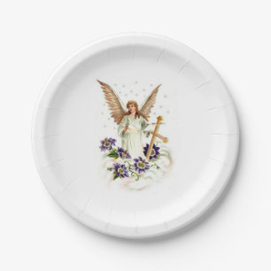 Engel mit Kreuz- und Clematika-Blume Pappteller