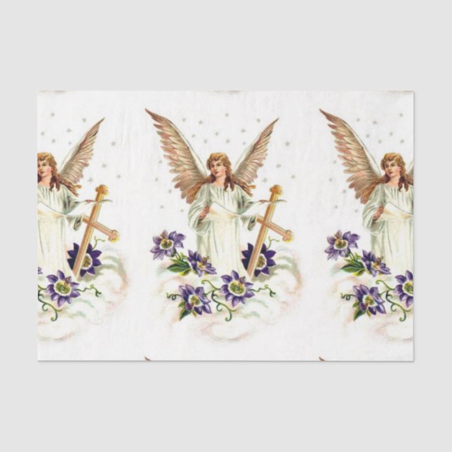 Engel mit Kreuz- und Clematika-Blume Seidenpapier (Vorderseite)