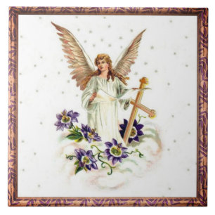 Engel mit Kreuz- und Clematitis-Blume Keramik Tile Fliese