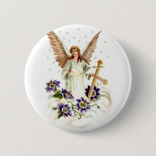 Engel mit Kreuz und Klematisblumen Button