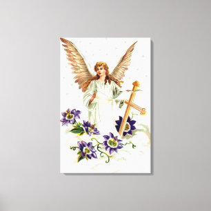 Engel mit Kreuz und Klematisblumen Leinwanddruck