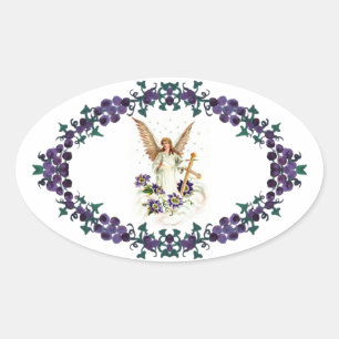 Engel mit Kreuz und Klematisblumen Ovaler Aufkleber