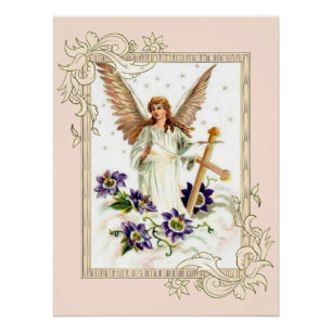 Engel mit Kreuz und Klematisblumen Poster