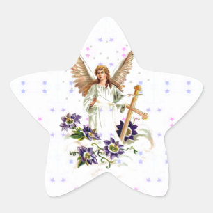 Engel mit Kreuz und Klematisblumen Stern-Aufkleber