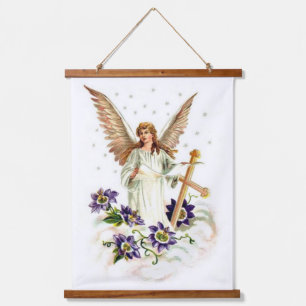 Engel mit Kreuz und Klematisblumen Wandteppich Mit Holzrahmen