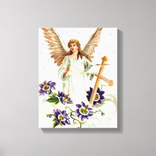 Engel mit Kreuz und Waldrebenblumen Leinwanddruck