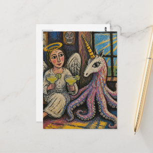 Engel mit Margaritas und Oktopus-Einhorn-Fantasie Postkarte