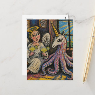Engel mit Margaritas und Oktopus-Einhorn-Fantasie Postkarte