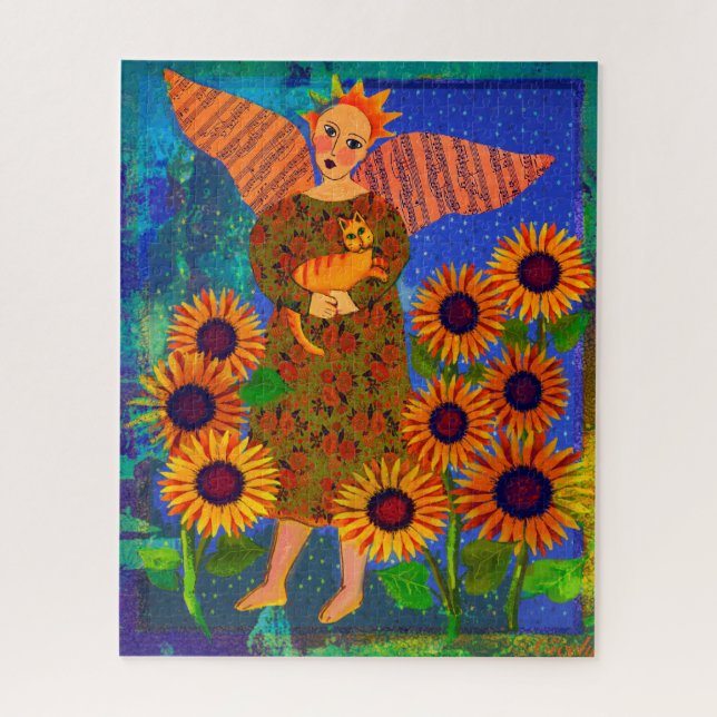 Engel mit Sonnenblumen und Tabby Cat 16x20 Puzzle (Vertikal)