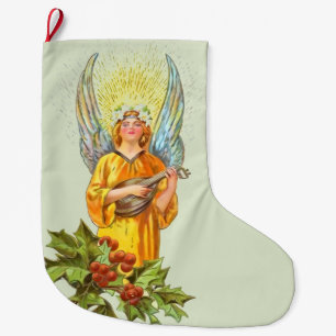 Engel mit Stechpalme und Mandoline Großer Weihnachtsstrumpf